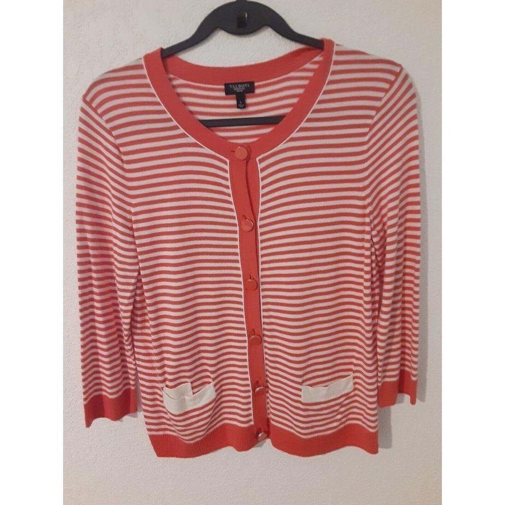 Talbots Women's Size P/L Striped Coral Peach Striped Cardigan Sweater